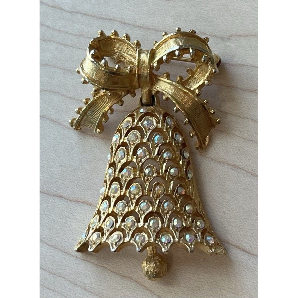 Vintage Christmas Bell Brooch MYLU AB Rhinestone Brooch